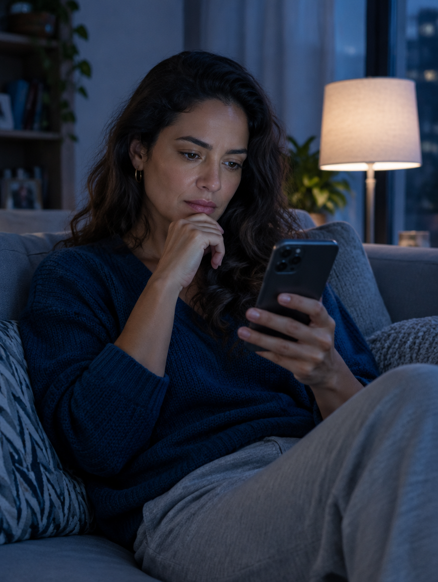 Mulher sentada no sofá à noite escolhendo um consultório pelo celular